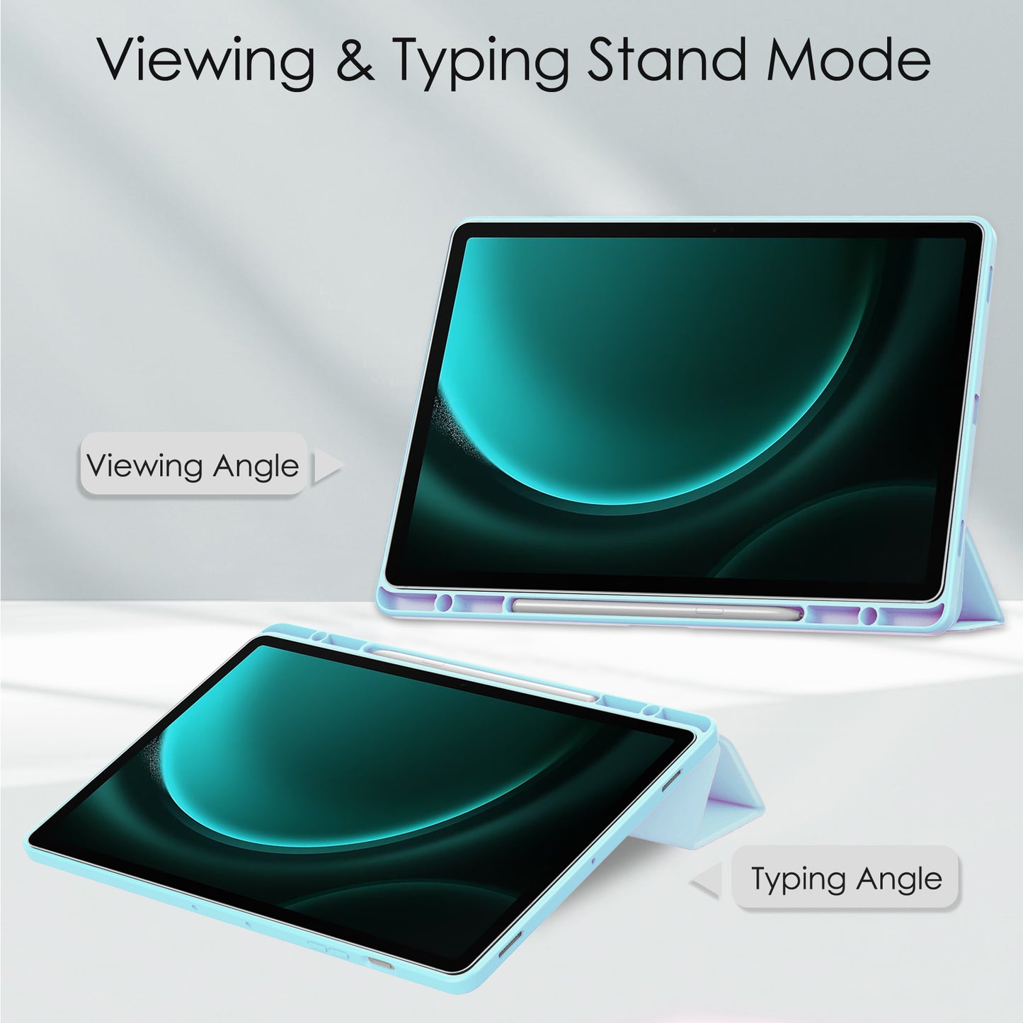 For Samsung Galaxy Tab S9 FE+ Clear Case Pen Slot Tablet Tri-fold Stand Cover - Baby Blue