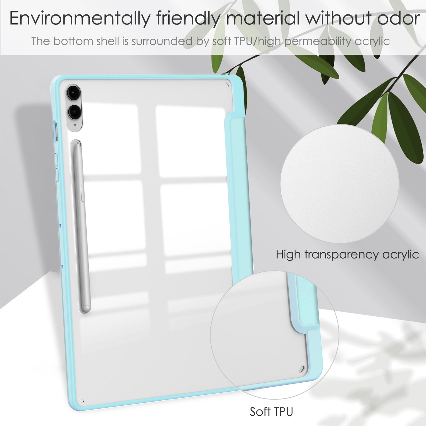For Samsung Galaxy Tab S9 FE+ Clear Case Pen Slot Tablet Tri-fold Stand Cover - Baby Blue