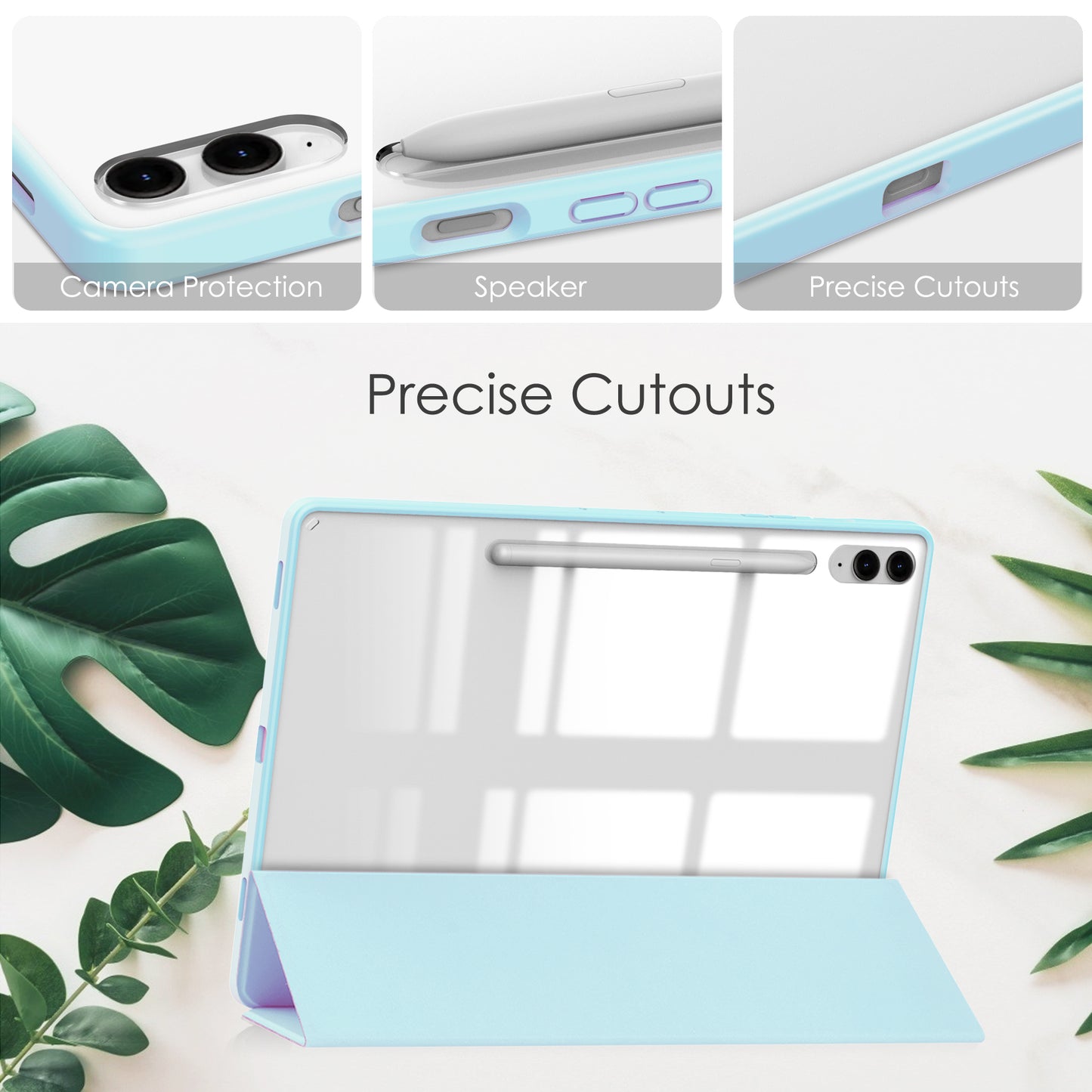 For Samsung Galaxy Tab S9 FE+ Clear Case Pen Slot Tablet Tri-fold Stand Cover - Baby Blue