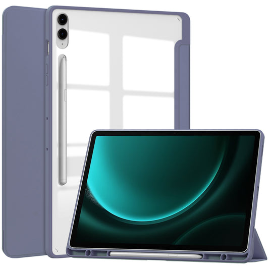 For Samsung Galaxy Tab S9 FE+ Clear Case Pen Slot Tablet Tri-fold Stand Cover - Purple