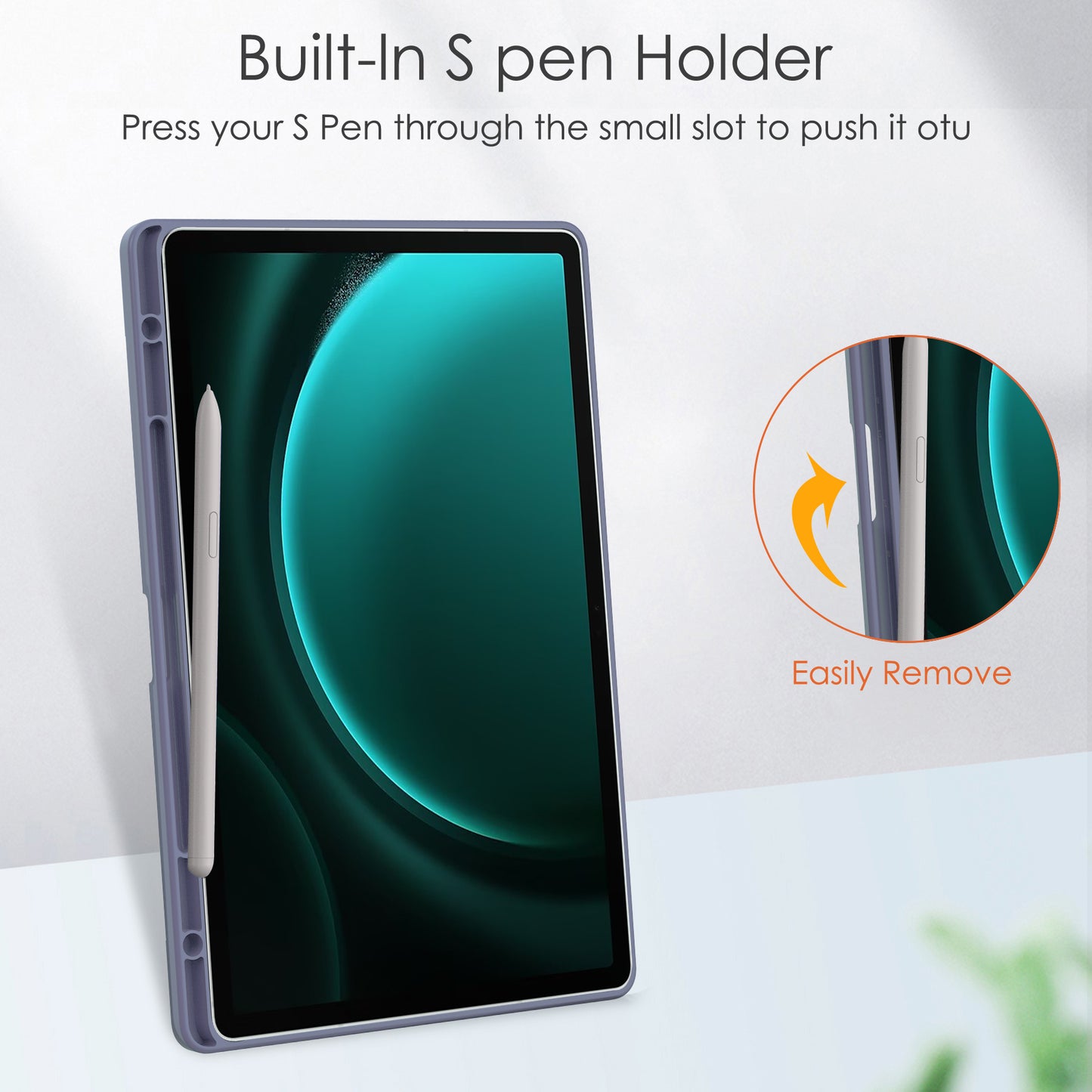 For Samsung Galaxy Tab S9 FE+ Clear Case Pen Slot Tablet Tri-fold Stand Cover - Purple
