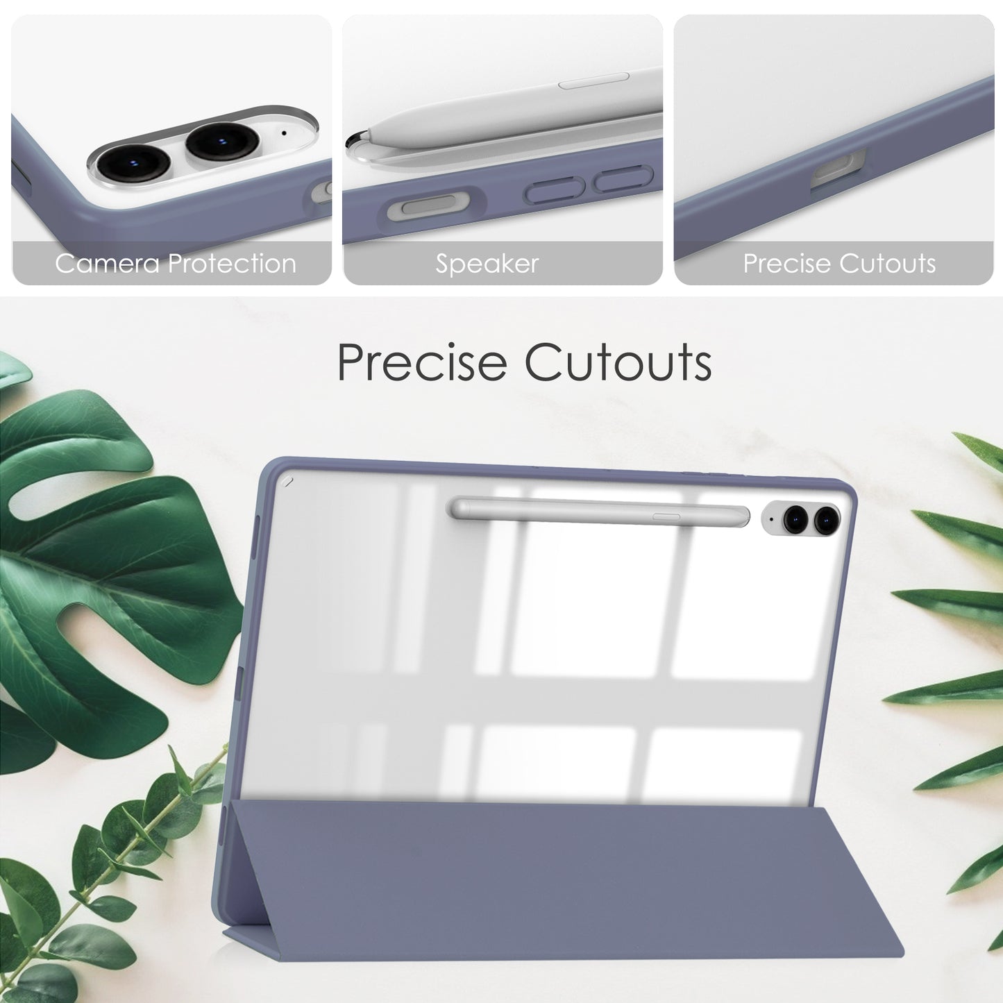 For Samsung Galaxy Tab S9 FE+ Clear Case Pen Slot Tablet Tri-fold Stand Cover - Purple