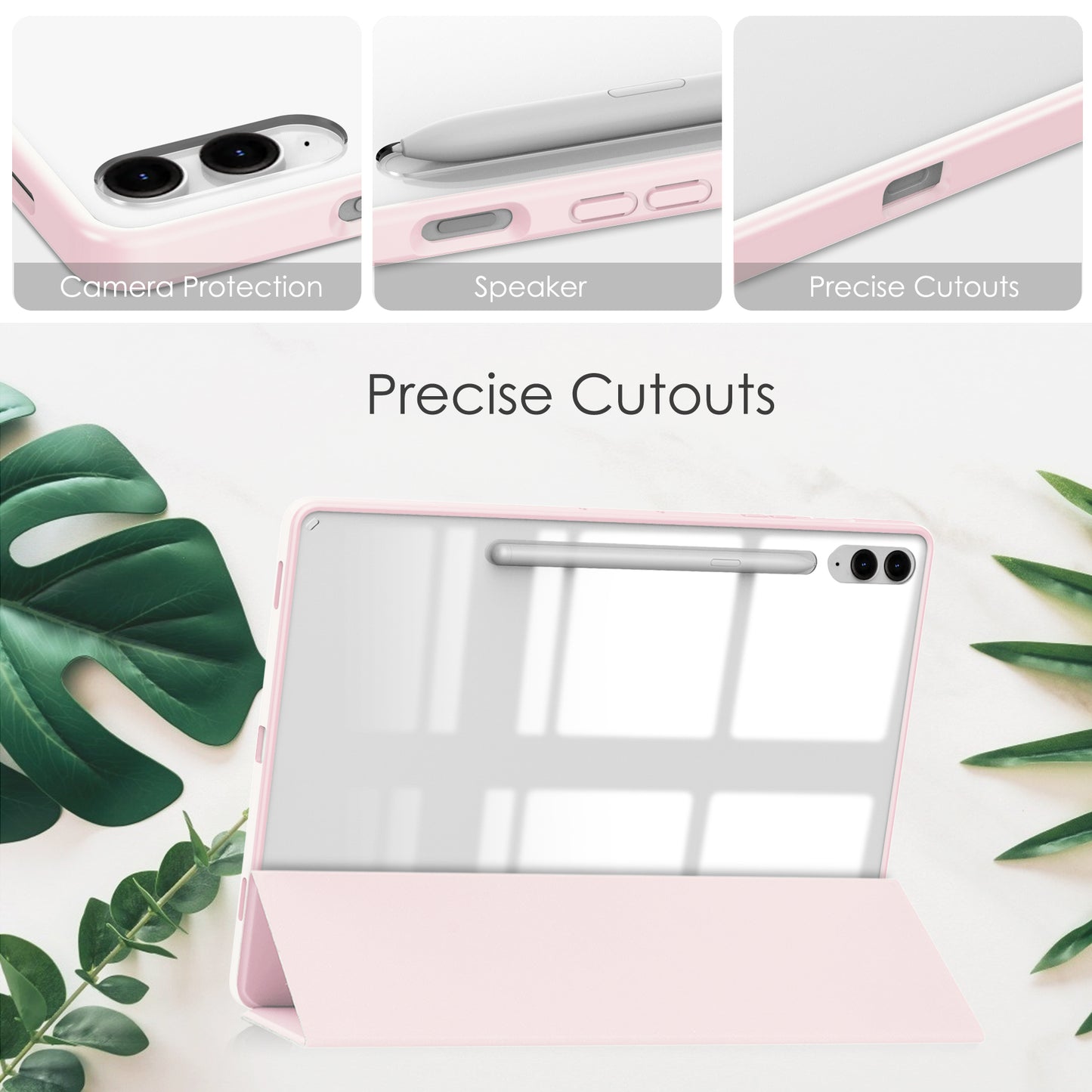 For Samsung Galaxy Tab S9 FE+ Clear Case Pen Slot Tablet Tri-fold Stand Cover - Pink