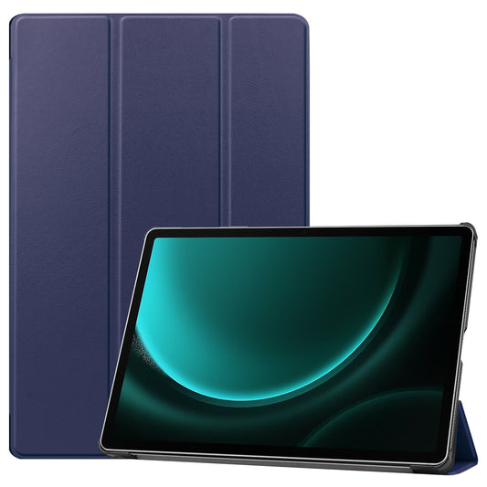 For Samsung Galaxy Tab S9 FE+ Leather Case Tablet Cover with Tri-fold Stand - Dark Blue