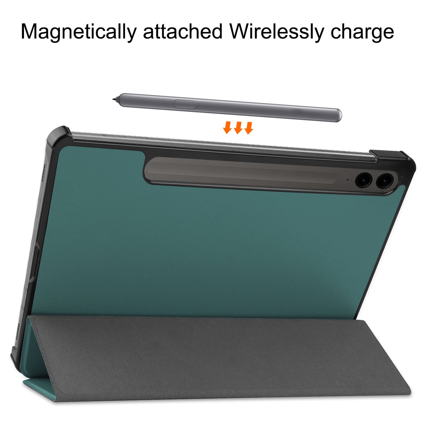 For Samsung Galaxy Tab S9 FE+ Leather Case Tablet Cover with Tri-fold Stand - Blackish Green