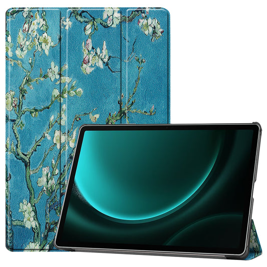For Samsung Galaxy Tab S9 FE+ Case Tri-fold Stand PU Leather Tablet Cover - Apricot Blossom