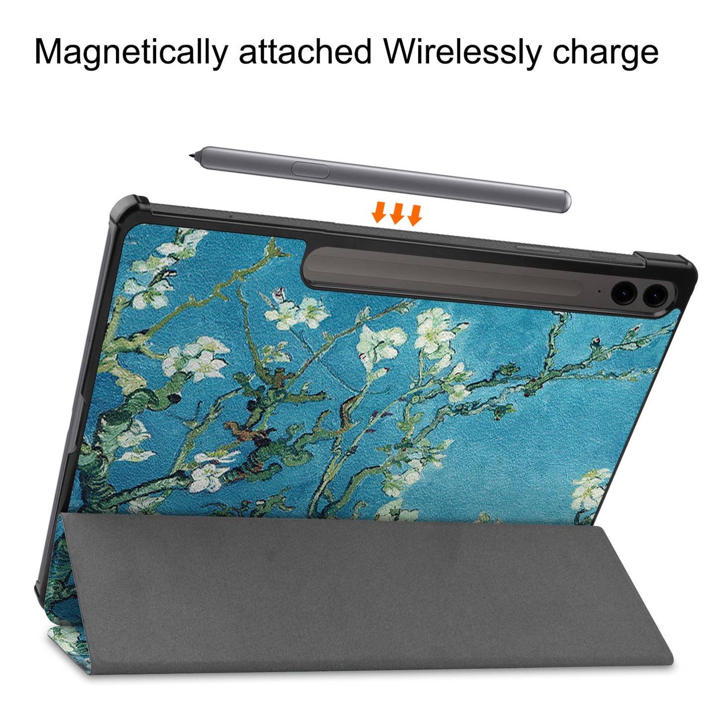 For Samsung Galaxy Tab S9 FE+ Case Tri-fold Stand PU Leather Tablet Cover - Apricot Blossom