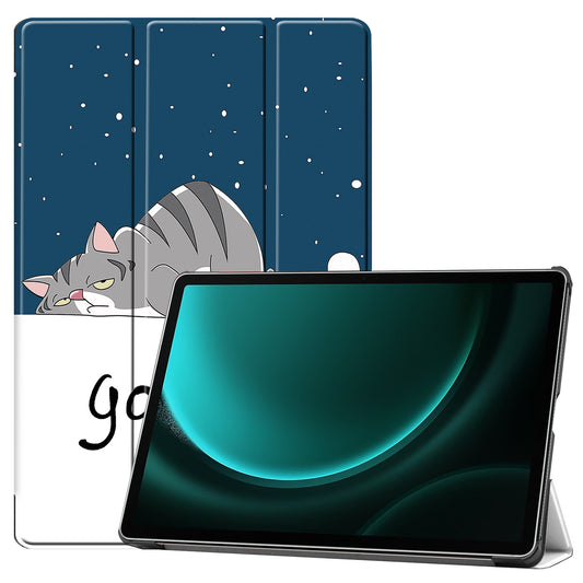 For Samsung Galaxy Tab S9 FE+ Case Tri-fold Stand PU Leather Tablet Cover - Cat