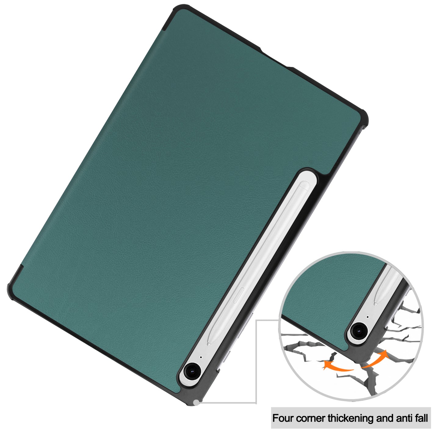 For Samsung Galaxy Tab S9 FE Case Tri-fold Stand PU Leather Tablet Cover - Blackish Green