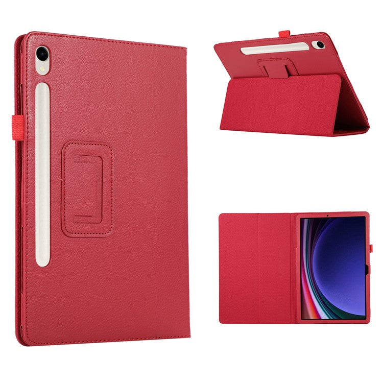For Samsung Galaxy Tab S9 Leather Case Litchi Texture Bi-fold Stand Tablet Cover - Red