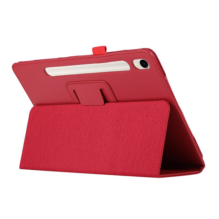 For Samsung Galaxy Tab S9 Leather Case Litchi Texture Bi-fold Stand Tablet Cover - Red