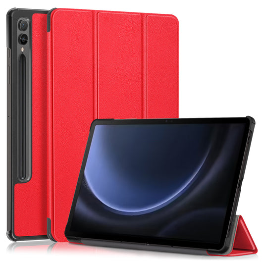 For Samsung Galaxy Tab S9 FE+ SM-x610 / SM-616 Case Leather Tablet Cover with Trifold Stand - Red