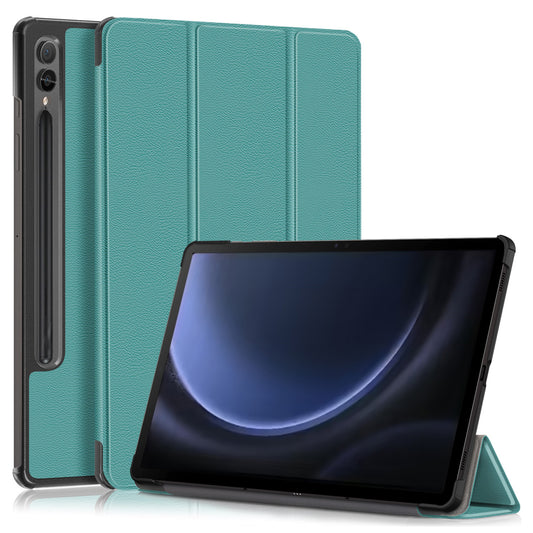 For Samsung Galaxy Tab S9 FE+ SM-x610 / SM-616 Case Leather Tablet Cover with Trifold Stand - Blackish Green