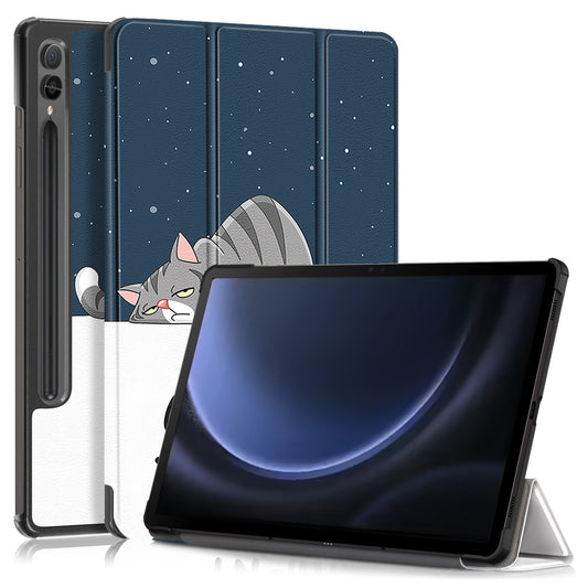 For Samsung Galaxy Tab S9 FE+ SM-x610 / SM-616 Case Tri-fold Stand Leather Tablet Cover - Cat