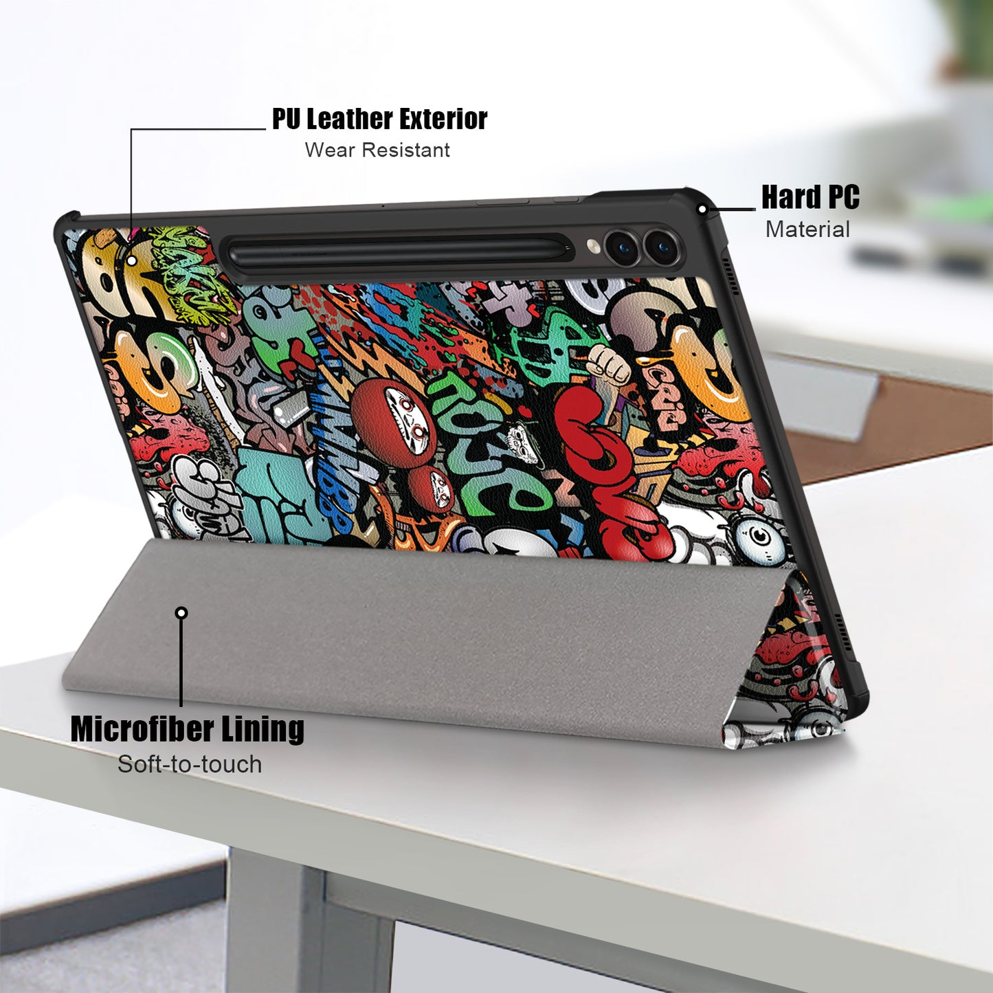 For Samsung Galaxy Tab S9 FE+ SM-x610 / SM-616 Case Tri-fold Stand Leather Tablet Cover - Graffiti