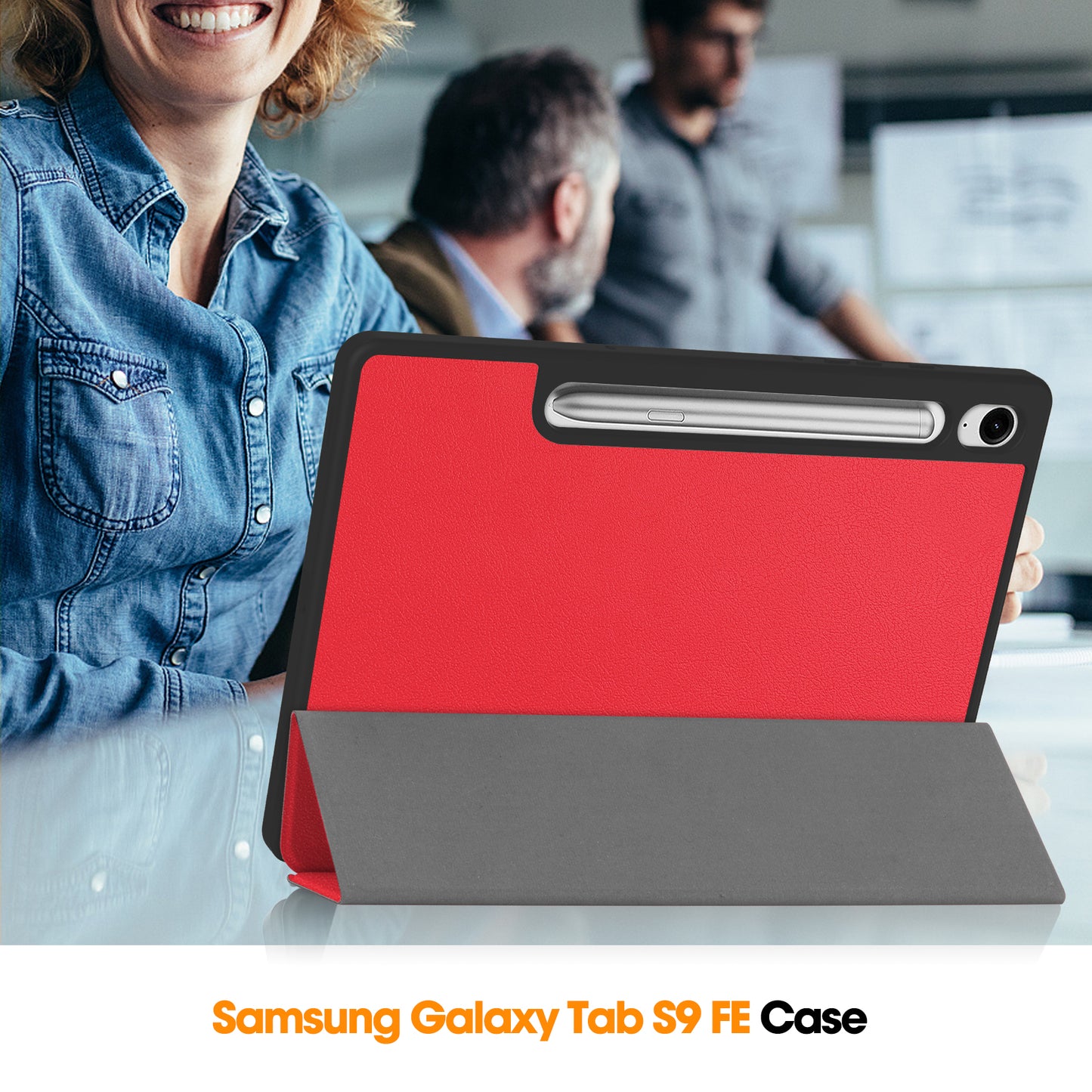 For Samsung Galaxy Tab S9 FE / Tab S9 Smart Case PU Leather+TPU Trifold Stand Tablet Cover with Pencil Holder - Red