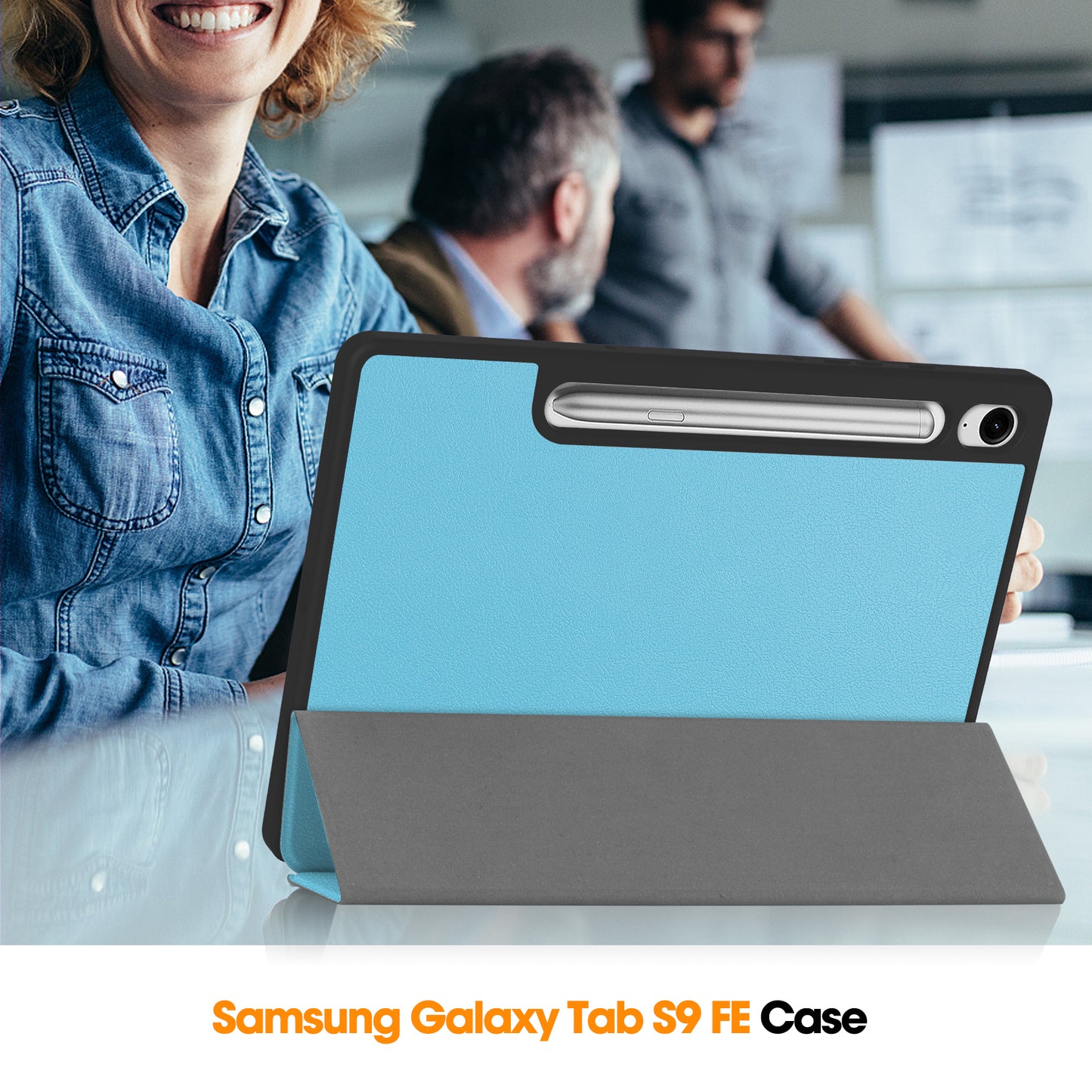 For Samsung Galaxy Tab S9 FE / Tab S9 Smart Case PU Leather+TPU Trifold Stand Tablet Cover with Pencil Holder - Sky Blue