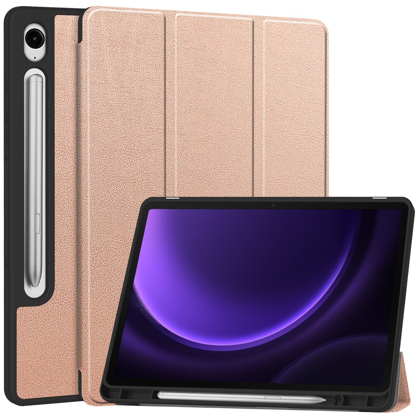 For Samsung Galaxy Tab S9 FE / Tab S9 Smart Case PU Leather+TPU Trifold Stand Tablet Cover with Pencil Holder - Rose Gold