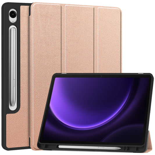 For Samsung Galaxy Tab S9 FE / Tab S9 Smart Case PU Leather+TPU Trifold Stand Tablet Cover with Pencil Holder - Rose Gold