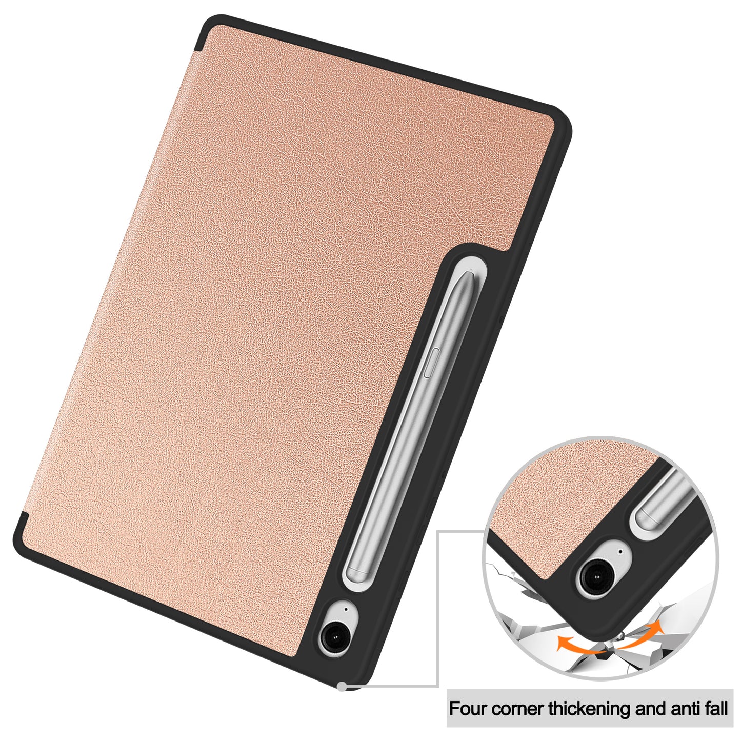 For Samsung Galaxy Tab S9 FE / Tab S9 Smart Case PU Leather+TPU Trifold Stand Tablet Cover with Pencil Holder - Rose Gold