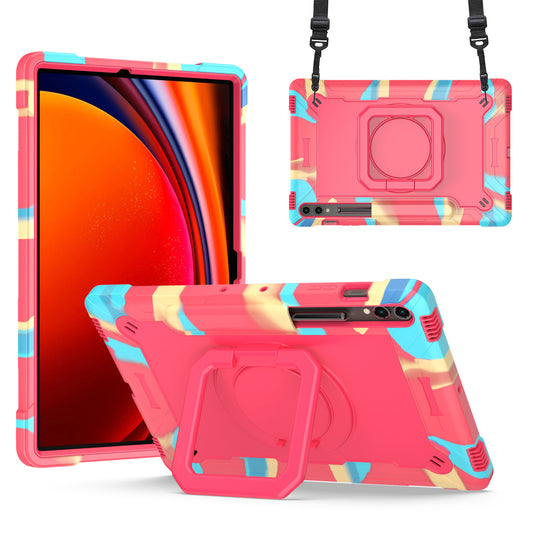 For Samsung Galaxy Tab S9+ / Tab S9 FE+ Case Rotating Kickstand Tablet Cover with Shoulder Strap - Rainbow / Rose