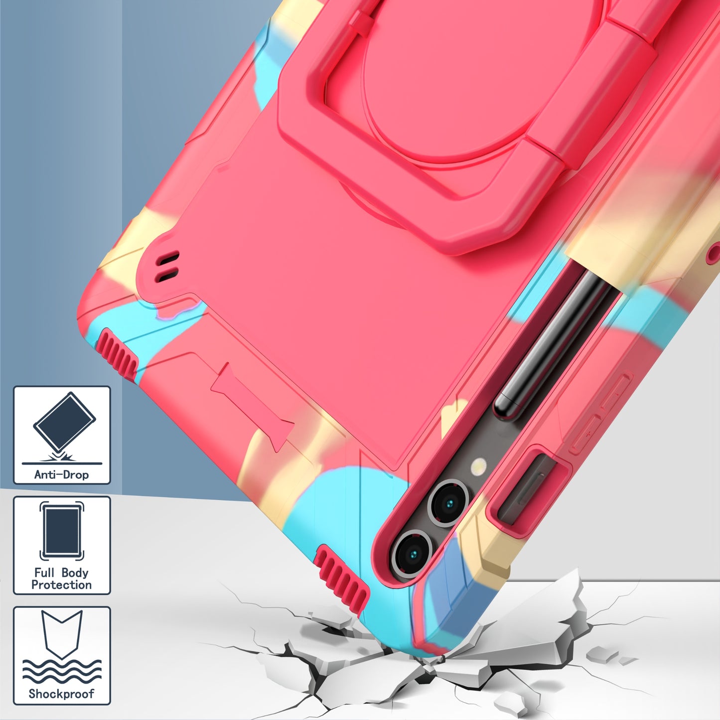 For Samsung Galaxy Tab S9+ / Tab S9 FE+ Case Rotating Kickstand Tablet Cover with Shoulder Strap - Rainbow / Rose