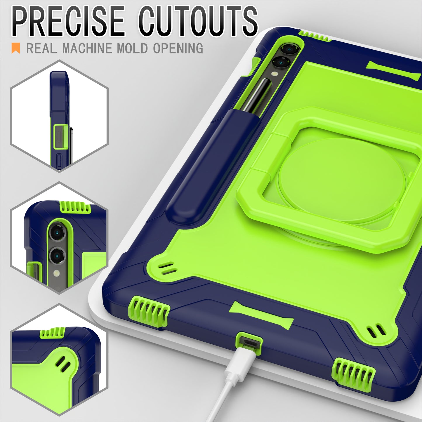 For Samsung Galaxy Tab S9+ / Tab S9 FE+ Case Rotating Kickstand Tablet Cover with Shoulder Strap - Navy Blue / Yellowgreen
