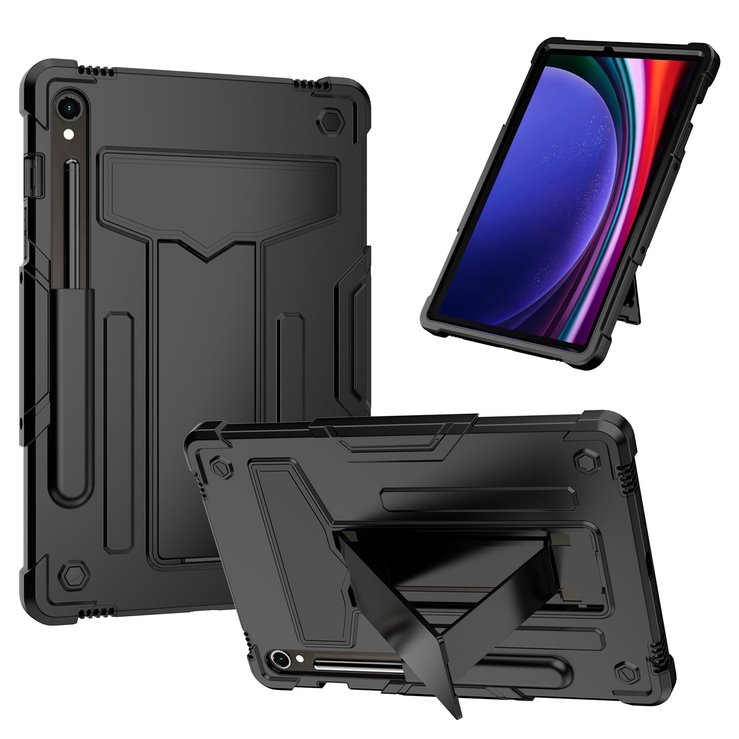 For Samsung Galaxy Tab S9 / Tab S9 FE Protective Case T-Shaped Kickstand PC+Silicone Tablet Cover - Black