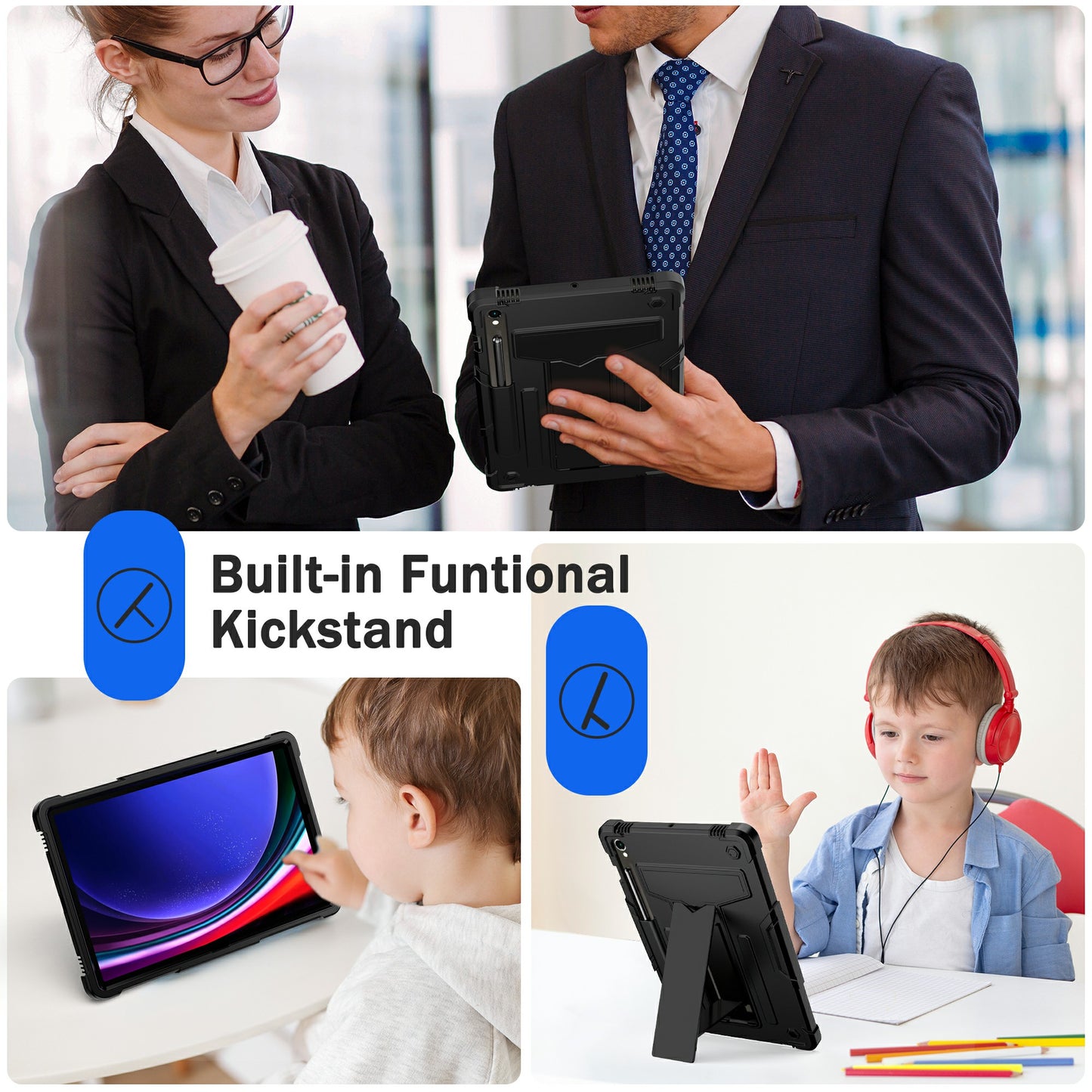 For Samsung Galaxy Tab S9 / Tab S9 FE Protective Case T-Shaped Kickstand PC+Silicone Tablet Cover - Black