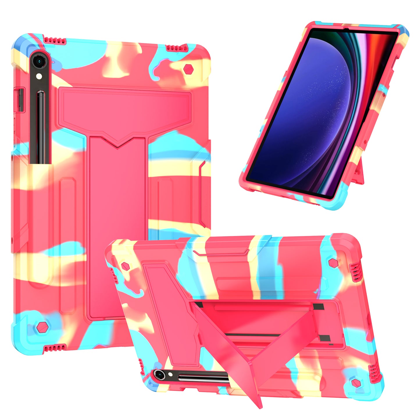 For Samsung Galaxy Tab S9 / Tab S9 FE Protective Case T-Shaped Kickstand PC+Silicone Tablet Cover - Camo Rose
