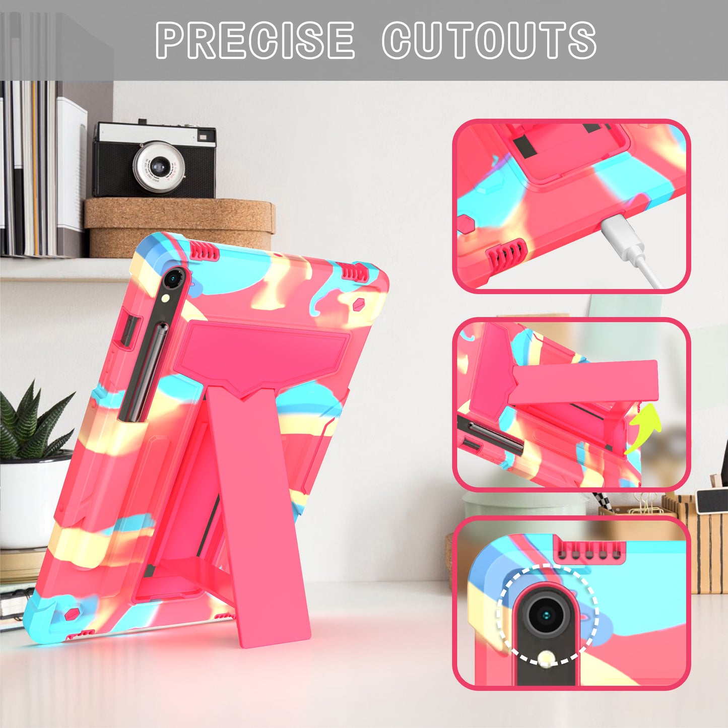 For Samsung Galaxy Tab S9 / Tab S9 FE Protective Case T-Shaped Kickstand PC+Silicone Tablet Cover - Camo Rose