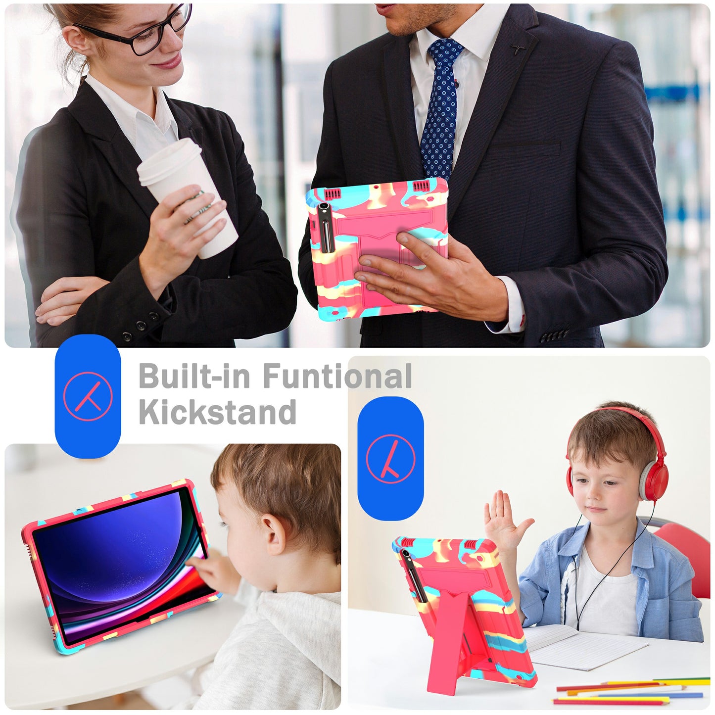 For Samsung Galaxy Tab S9 / Tab S9 FE Protective Case T-Shaped Kickstand PC+Silicone Tablet Cover - Camo Rose