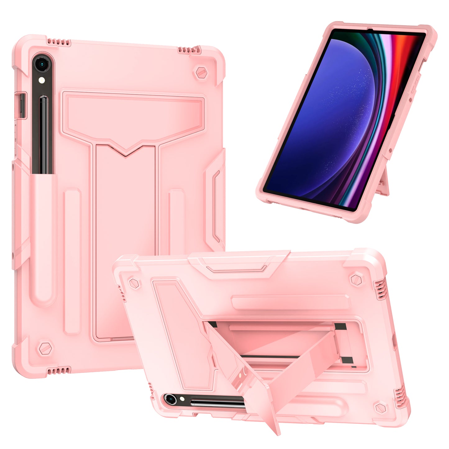 For Samsung Galaxy Tab S9 / Tab S9 FE Protective Case T-Shaped Kickstand PC+Silicone Tablet Cover - Rose Gold