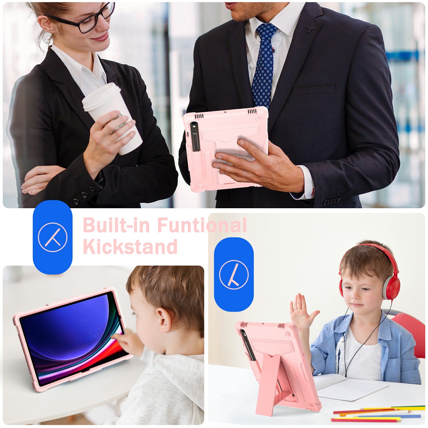 For Samsung Galaxy Tab S9 / Tab S9 FE Protective Case T-Shaped Kickstand PC+Silicone Tablet Cover - Rose Gold