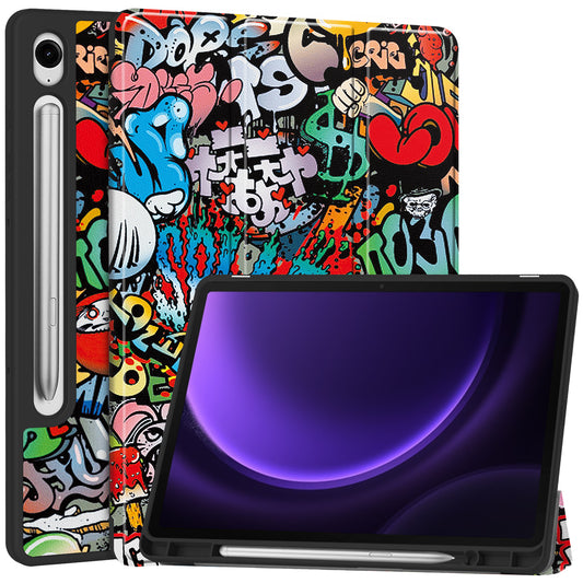 For Samsung Galaxy Tab S9 FE / Tab S9 Case Leather Pattern Printing Smart Tablet Cover with Pencil Holder - Graffiti