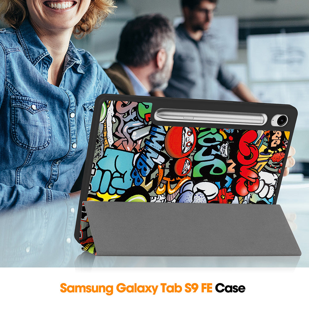 For Samsung Galaxy Tab S9 FE / Tab S9 Case Leather Pattern Printing Smart Tablet Cover with Pencil Holder - Graffiti