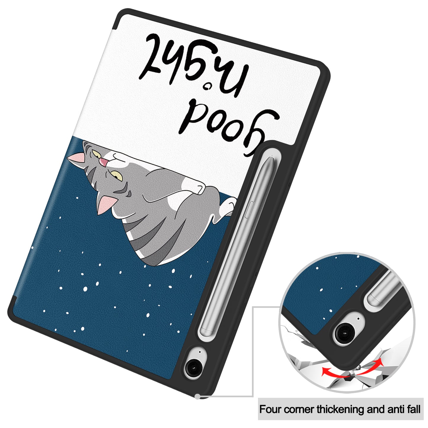 For Samsung Galaxy Tab S9 FE / Tab S9 Case Leather Pattern Printing Smart Tablet Cover with Pencil Holder - Cat