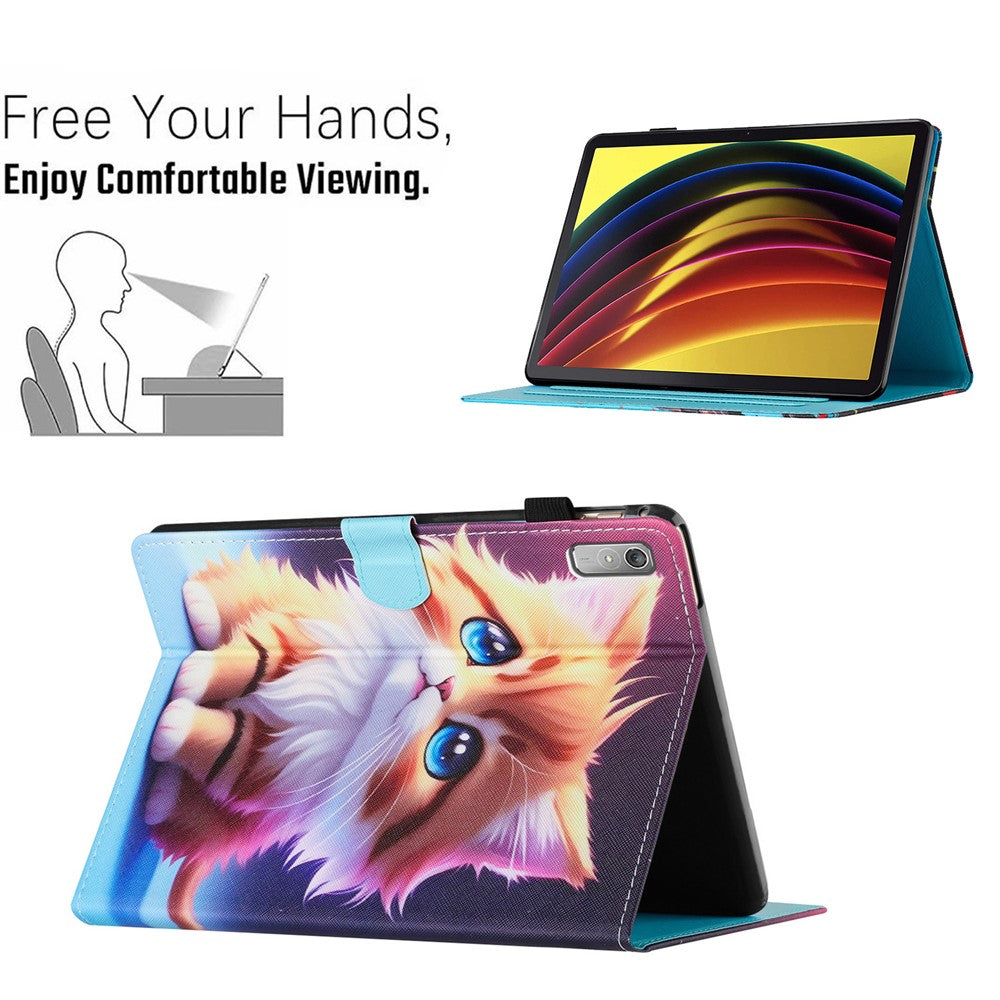 For Lenovo Tab P11 Gen 2 TB-350 Case Pattern Printing Leather Card Holder Tablet Cover - Yellow Cat