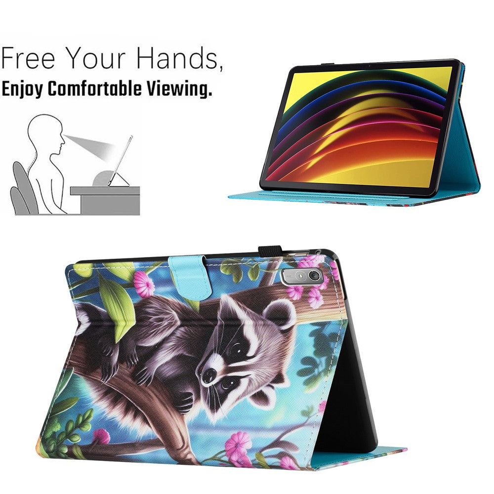 For Lenovo Tab P11 Gen 2 TB-350 Case Pattern Printing Leather Card Holder Tablet Cover - Raccoon