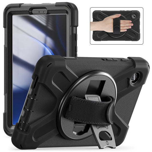 For Samsung Galaxy Tab A9 Case Rotary Kickstand PC+Silicone Hand Strap Tablet Cover - Black