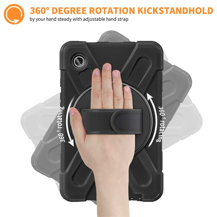 For Samsung Galaxy Tab A9 Case Rotary Kickstand PC+Silicone Hand Strap Tablet Cover - Black