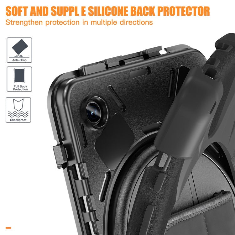 For Samsung Galaxy Tab A9 Case Rotary Kickstand PC+Silicone Hand Strap Tablet Cover - Black