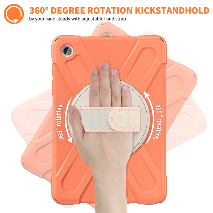 For Samsung Galaxy Tab A9+ Case PC+Silicone Rotary Kickstand Cover with Hand Strap - Orange