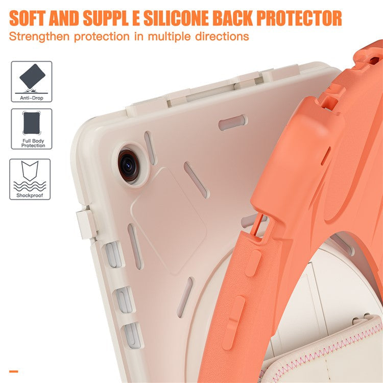 For Samsung Galaxy Tab A9+ Case PC+Silicone Rotary Kickstand Cover with Hand Strap - Orange