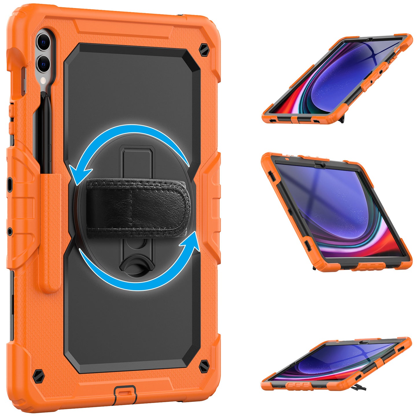 For Samsung Galaxy Tab S9 FE+ SM-X610 SM-X616B Tablet Cover PC+Silicone Case with PET Screen Protector and Kickstand - Black+Orange