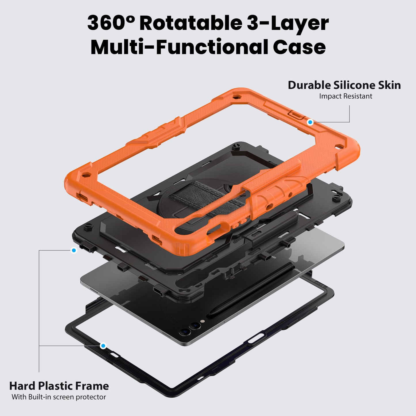 For Samsung Galaxy Tab S9 FE+ SM-X610 SM-X616B Tablet Cover PC+Silicone Case with PET Screen Protector and Kickstand - Black+Orange