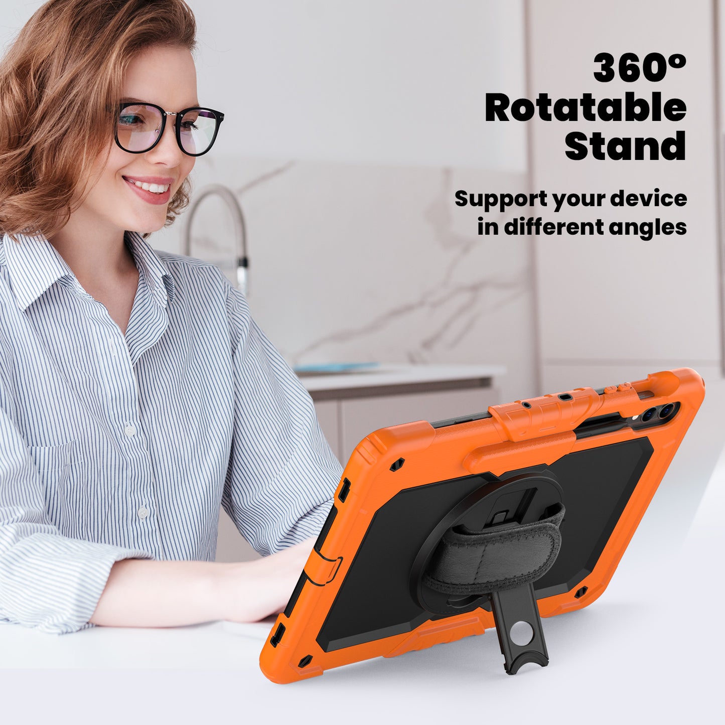 For Samsung Galaxy Tab S9 FE+ SM-X610 SM-X616B Tablet Cover PC+Silicone Case with PET Screen Protector and Kickstand - Black+Orange