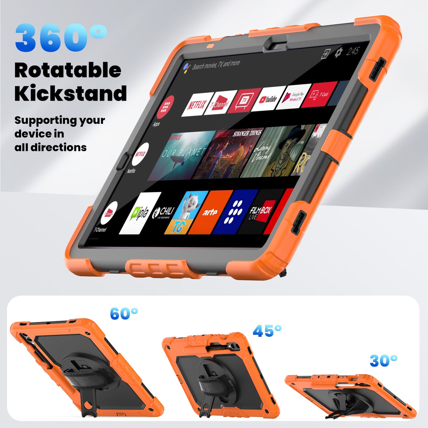 For Samsung Galaxy Tab S9 FE+ SM-X610 SM-X616B Tablet Cover PC+Silicone Case with PET Screen Protector and Kickstand - Black+Orange