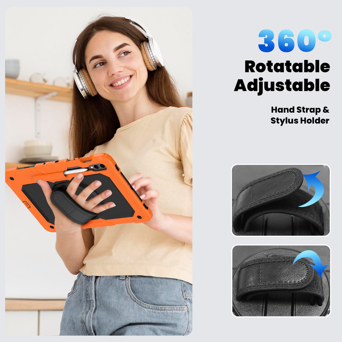 For Samsung Galaxy Tab S9 FE+ SM-X610 SM-X616B Tablet Cover PC+Silicone Case with PET Screen Protector and Kickstand - Black+Orange