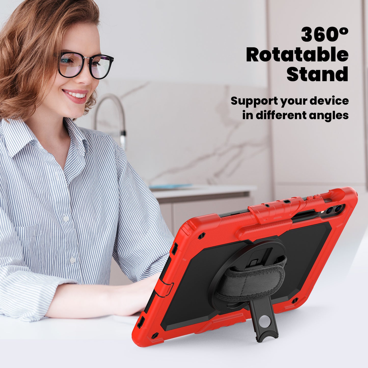 For Samsung Galaxy Tab S9 FE+ SM-X610 SM-X616B Tablet Cover PC+Silicone Case with PET Screen Protector and Kickstand - Black+Red